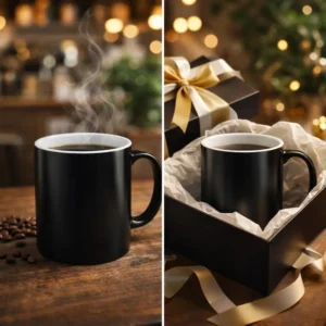 Cana termosensibila personalizata alb prezentata ca idee de cadou intr-o cutie eleganta, potrivita pentru surprize si ocazii speciale