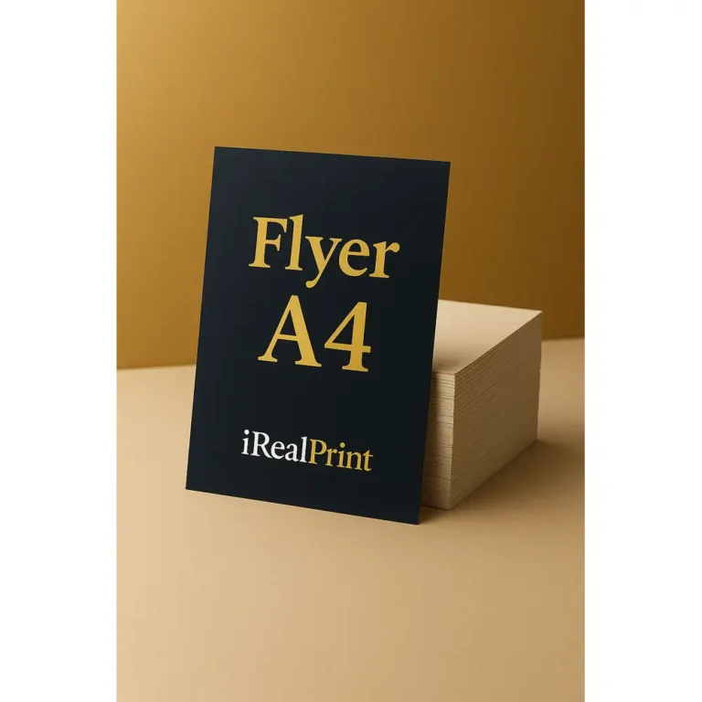 Flyer A4 personalizat realizat prin tipar profesional prezentat lângă o stivă de materiale promoționale pentru evidențierea calității printului.