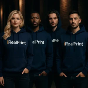 Grup mixt purtand hanorace navy personalizate iRealPrint, identitate vizuala puternica si apartenenta de brand