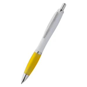 Pix plastic personalizat Elipse White galben prezentat din unghi diagonal pe fundal neutru, obiect promoțional utilizat în campanii de marketing