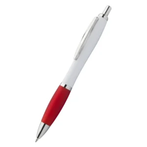 Pix plastic personalizat Elipse White roșu văzut din lateral pe fundal neutru, pix promoțional din plastic personalizabil cu logo pentru branding corporate și promoții business