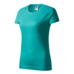Tricou damă personalizat verde smarald prezentat din perspectivă trei sferturi pentru evidențierea croielii feminine și a materialului