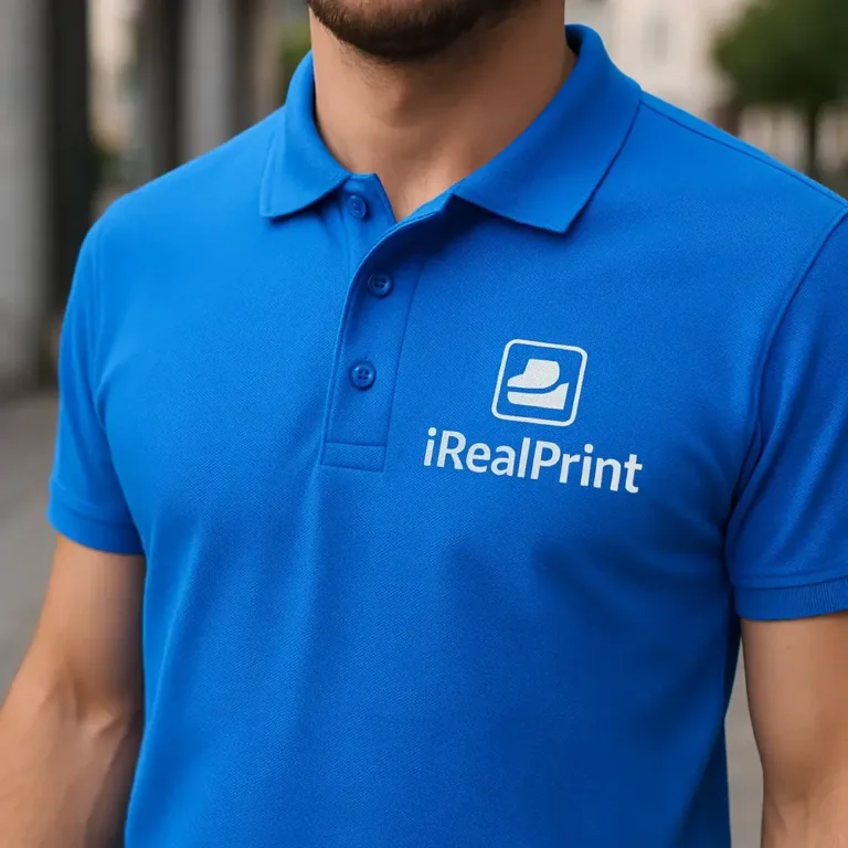Detaliu personalizare logo iRealPrint aplicat prin transfer termic pe tricou polo bărbați personalizat albastru, evidențiind claritatea printului și textura materialului