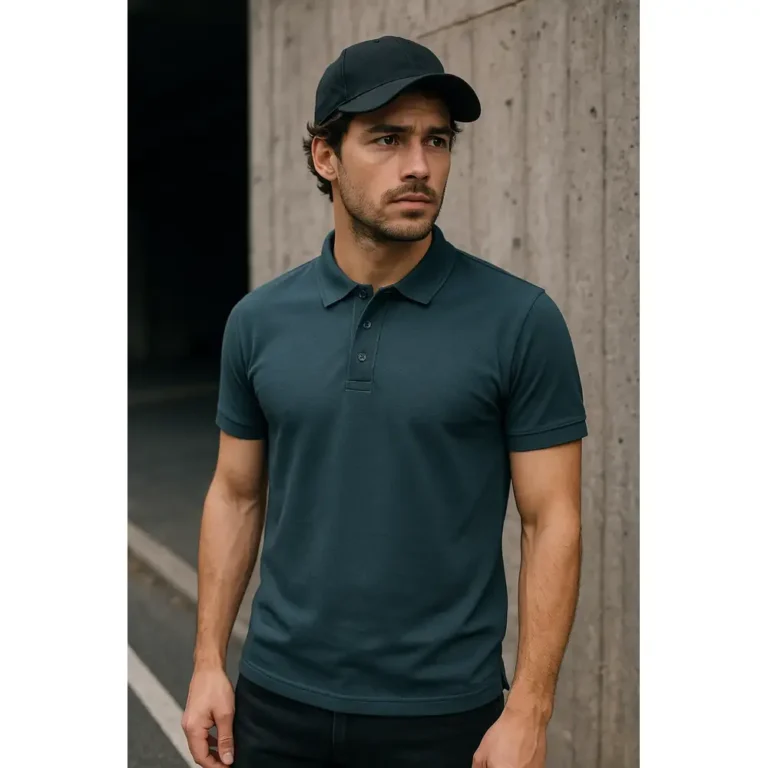 Echipă de bărbați purtând tricouri polo bărbați personalizate albastru navy într-un context urban profesional, ilustrând utilizarea pentru branding și activări de marketing