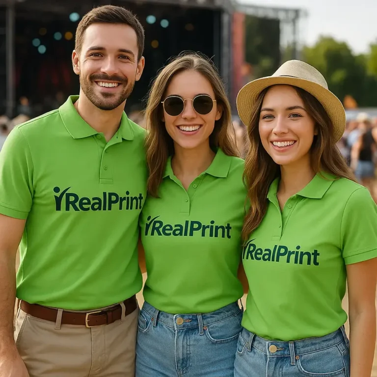 Echipă mixtă purtând tricouri polo bărbați personalizate verde măr cu logo iRealPrint într-un context de eveniment, exemplu de utilizare pentru activări de marketing și branding