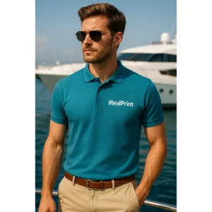 Tricou polo bărbați turcoaz închis personalizat iRealPrint prezentat pe suport lângă port, imagine premium de produs pentru magazin online