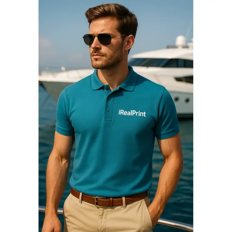Tricou polo bărbați turcoaz închis personalizat iRealPrint prezentat pe suport lângă port, imagine premium de produs pentru magazin online
