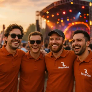 Grup de bărbați purtând tricouri polo personalizate portocalii la un festival, imagine lifestyle pentru promovare brand și spirit de echipă
