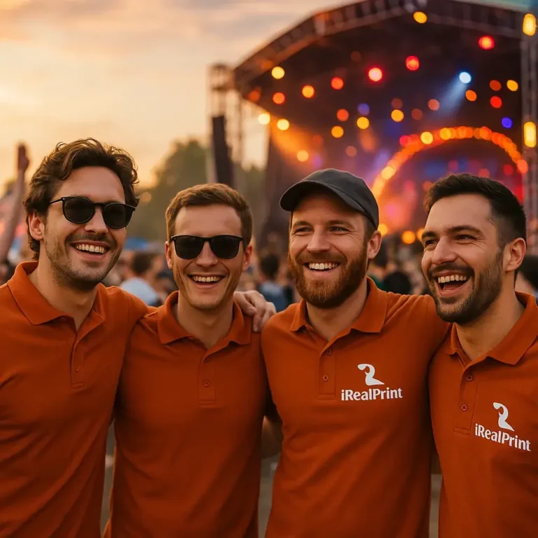Grup de bărbați purtând tricouri polo personalizate portocalii la un festival, imagine lifestyle pentru promovare brand și spirit de echipă