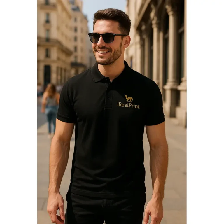 Bărbat purtând tricou polo personalizat negru cu logo iRealPrint într-un cadru urban modern, ținută business casual pentru branding premium
