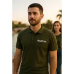 Model văzut din spate purtând tricou polo personalizat militar cu logo iRealPrint, uniformă profesională pentru echipe corporate