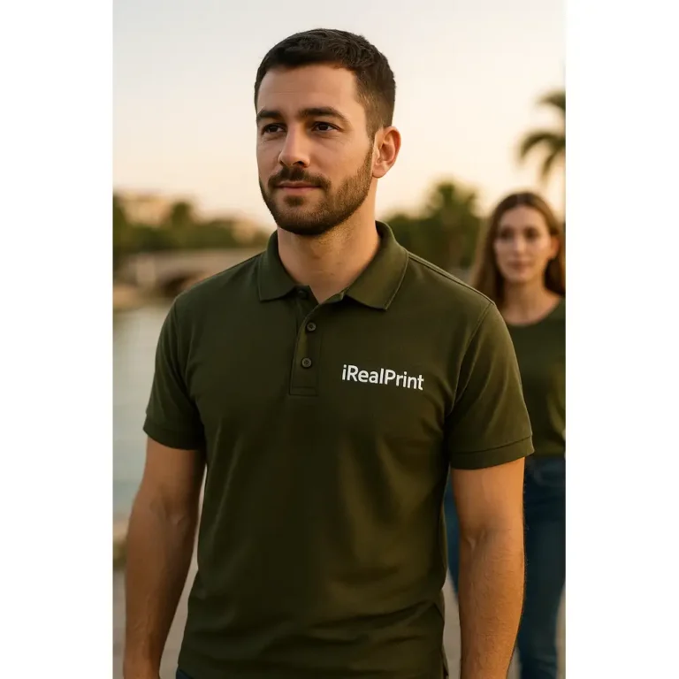 Model văzut din spate purtând tricou polo personalizat militar cu logo iRealPrint, uniformă profesională pentru echipe corporate