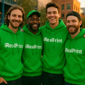 Grup de bărbați purtând hanorace personalizate verde Irish iRealPrint într-un cadru urban modern și atmosferă de echipă