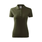 Tricou polo damă verde militar cu guler clasic și croială feminină elegantă, potrivit pentru uniforme moderne și branding profesional