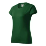 Tricou damă personalizat verde prezentat din perspectivă trei sferturi pentru evidențierea croielii feminine și a materialului premium