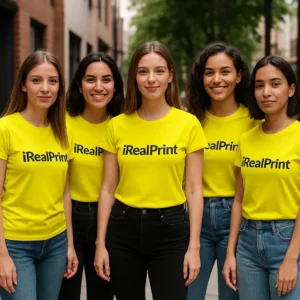 Grup de femei purtând tricouri damă personalizate galben lămâie într-un context urban, exemplu de utilizare pentru echipe, evenimente sau branding vizibil