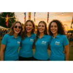 Echipă de femei purtând tricouri polo damă personalizate turcoaz închis cu logo iRealPrint la un eveniment outdoor, ilustrând utilizarea pentru echipe de brand, promovare și activări de marketing