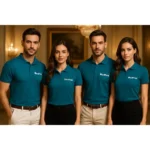 Echipă îmbrăcată în tricouri polo turcoaz închis personalizate, imagine profesională de uniformă corporate pentru identitate vizuală unitară