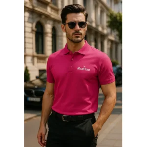 Bărbat purtând tricou polo purpuriu personalizat pe stradă într-un context urban elegant, ținută business casual pentru imagine de brand modernă