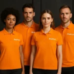 Echipă purtând tricouri polo orange personalizate cu logo iRealPrint, imagine profesională pentru identitate vizuală unitară a companiei