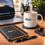 Cană albă personalizată 180ml cu logo iRealPrint într-un workspace modern cu laptop, agendă și telefon, sugerând productivitate și rutină de cafea