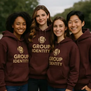 Grup de persoane purtând hanorace ciocolată dark personalizate, exprimând unitate, identitate și branding puternic