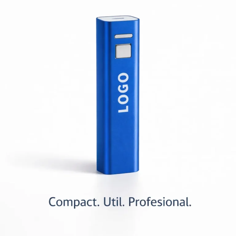 Baterie externă personalizată albastră tip power bank compact prezentată frontal, produs promoțional util pentru branding corporate și utilizare zilnică