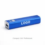 Power bank personalizat albastru din aluminiu prezentat în detaliu cu port USB, baterie externă promoțională pentru personalizare cu logo