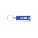 Detaliu breloc cu lumină LED personalizat albastru cu logo vizibil, mini lanternă practică pentru promoții și utilizare frecventă
