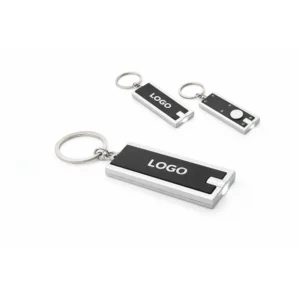 Breloc cu lumină LED negru cu logo personalizat, aspect corporate elegant și mini lanternă practică pentru evenimente business și fidelizare