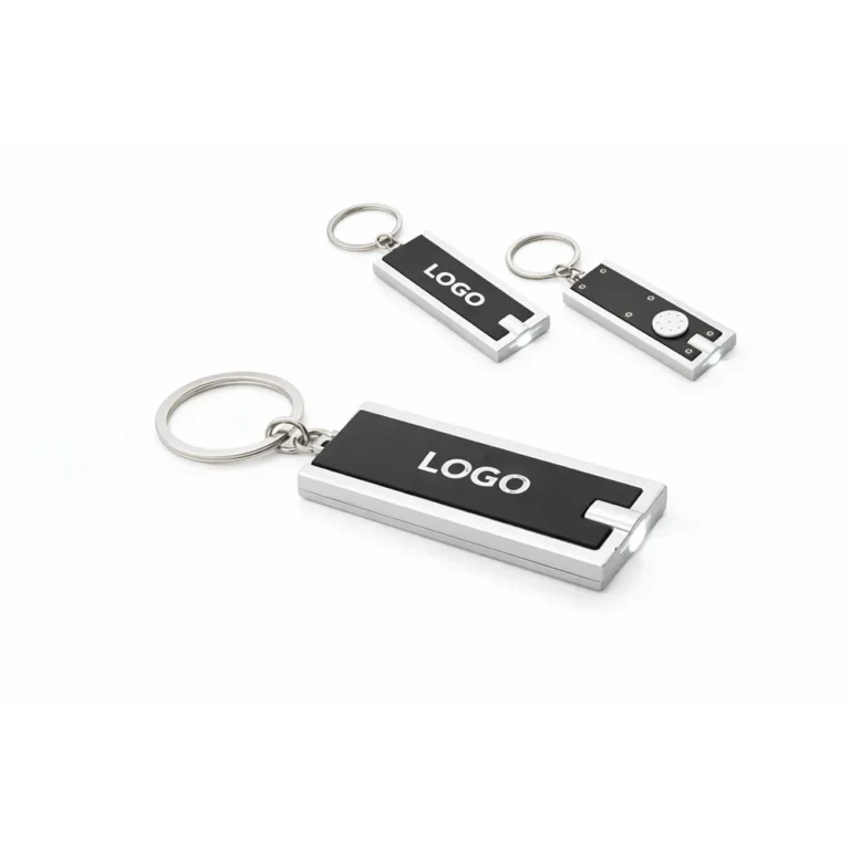 Breloc cu lumină LED negru cu logo personalizat, aspect corporate elegant și mini lanternă practică pentru evenimente business și fidelizare