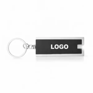 Breloc cu lumină LED negru cu logo personalizat, aspect corporate elegant și mini lanternă practică pentru evenimente business și fidelizare