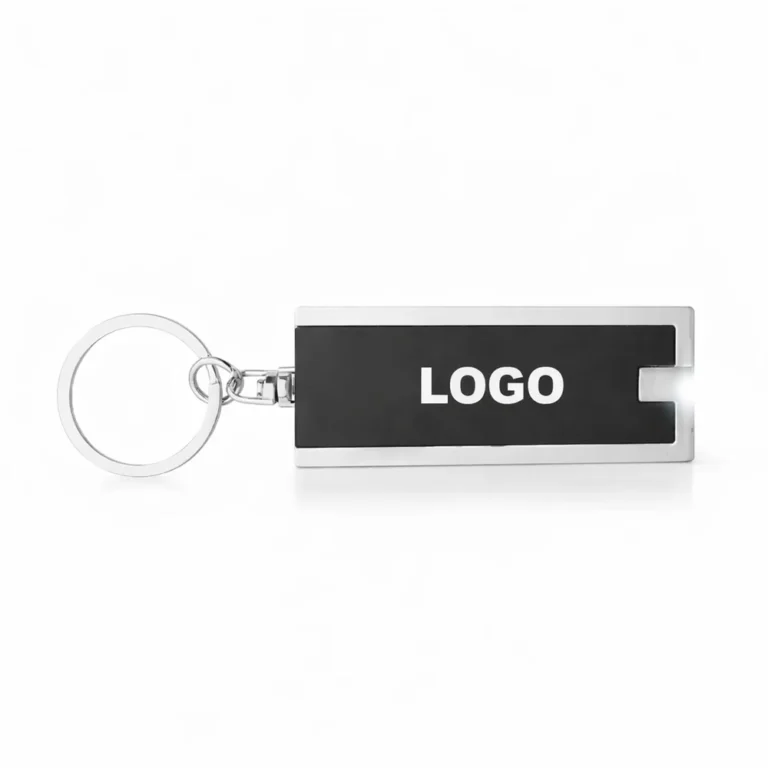 Breloc cu lumină LED negru cu logo personalizat, aspect corporate elegant și mini lanternă practică pentru evenimente business și fidelizare