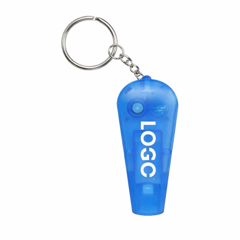 Breloc cu fluier și lanternă personalizat albastru din plastic transparent, produs principal cu logo vizibil pentru organizare și utilizare zilnică