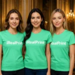 Grup de femei purtând tricouri damă personalizate verde mentă într-un interior elegant, exemplu de utilizare pentru echipe sau branding