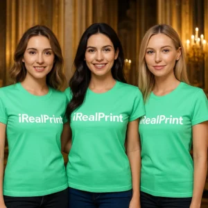 Grup de femei purtând tricouri damă personalizate verde mentă într-un interior elegant, exemplu de utilizare pentru echipe sau branding
