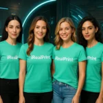 Grup de femei purtând tricouri damă personalizate verde mentă într-un decor modern cu lumină ambientală, exemplu de styling urban