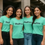 Grup de femei purtând tricouri damă personalizate verde mentă într-un cadru urban, ținută casual modernă cu personalizare vizibilă