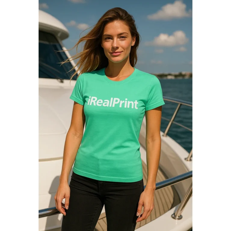 Model feminin purtând tricou damă personalizat verde mentă pe puntea unui yacht, exemplu de outfit casual premium