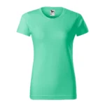 Tricou damă personalizat verde mentă prezentat frontal pe fundal neutru, croială feminină modernă și suprafață ideală pentru personalizare