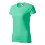 Tricou damă personalizat verde mentă prezentat din perspectivă trei sferturi pentru evidențierea croielii feminine și a materialului