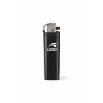 Brichetă tip BIC personalizată negru cu logo imprimat frontal, prezentare produs promoțional pe fundal neutru, brichetă elegantă pentru branding corporate și personalizare prin tampografie sau print UV.