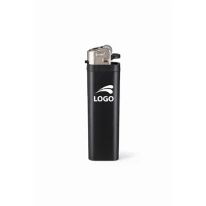 Brichetă tip BIC personalizată negru cu logo imprimat frontal, prezentare produs promoțional pe fundal neutru, brichetă elegantă pentru branding corporate și personalizare prin tampografie sau print UV.