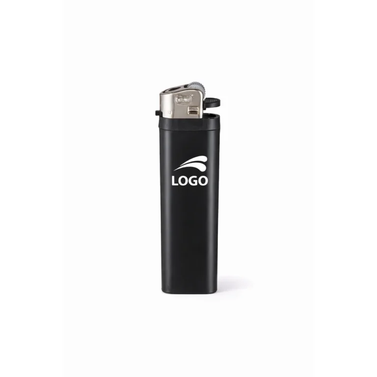 Brichetă tip BIC personalizată negru cu logo imprimat frontal, prezentare produs promoțional pe fundal neutru, brichetă elegantă pentru branding corporate și personalizare prin tampografie sau print UV.