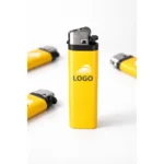 Brichete tip BIC personalizate galbene prezentate cu exemple de logo, text și simbol grafic, demonstrație de personalizare pentru produse promoționale utilizate în campanii de marketing și branding.