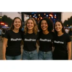 Grup de prietene purtând tricouri damă personalizate negre cu logo iRealPrint la un festival, exemplu de utilizare lifestyle și echipă