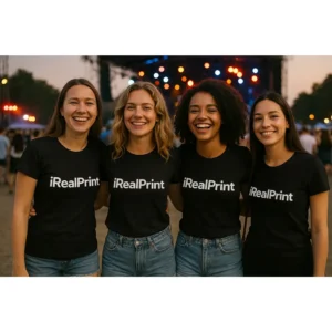 Grup de prietene purtând tricouri damă personalizate negre cu logo iRealPrint la un festival, exemplu de utilizare lifestyle și echipă