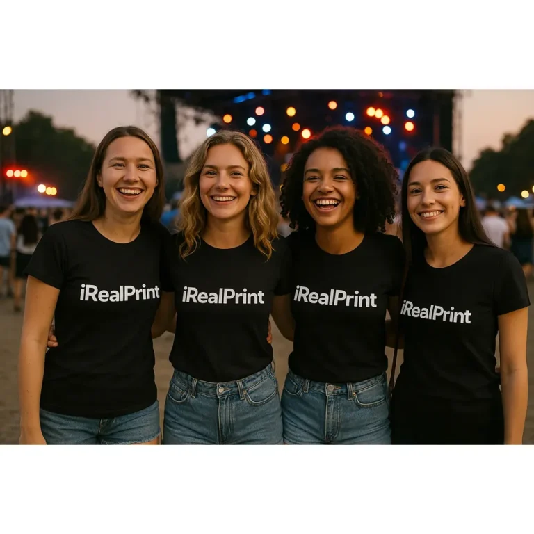 Grup de prietene purtând tricouri damă personalizate negre cu logo iRealPrint la un festival, exemplu de utilizare lifestyle și echipă