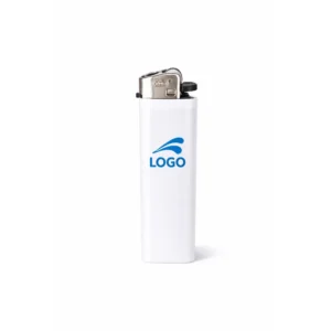 Cutie cu brichete tip BIC personalizate albe imprimate cu logo, pregătite pentru distribuție promoțională în campanii de marketing, evenimente și activări de brand.
