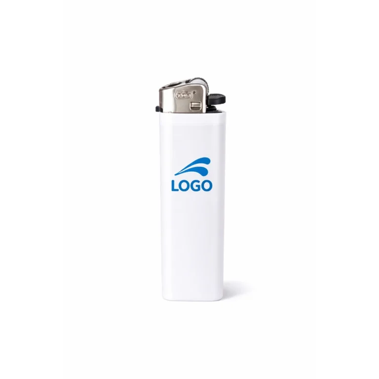 Cutie cu brichete tip BIC personalizate albe imprimate cu logo, pregătite pentru distribuție promoțională în campanii de marketing, evenimente și activări de brand.